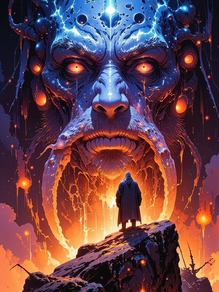 famous artwork, award-winning, hyper-realistic, digital illustration, highly aesthetic, gorgeous, stunning, beautiful, high resolution, uhd, 8k, 4k, dramatic, epic, meticulous, accurate, at night, dim lighting, golden ratio, from dynath-leen to oriab, welcomed by the twin beacons thon and thal, resume my journey towards ngranek, in this ninety eons old land of fire, after a long climb, in the fearsome iciness, i can finally see his face, stern and terrible shone that face, that the sunset lit with fire, engraved in black rock, he finally shows me the path i must follow, chittering horrors, forbidden tome, unholy resonance, sanity-draining whispers, hooded figure, ethereal light, a thousand eyes, frozen nightmare, neon hues, lovecraftian, cthulhu mythos, ovg, in the style of ck-ovf, amanoer,  <lora:style-oneviolentfantasy-ep21-flux-by_chronoknight:0.84> <lora:style-retro_anime-flux-by_lizardman245:0.4> <lora:style-yoshitaka_amano-elden_ring-flux-by_alicient:0.48>