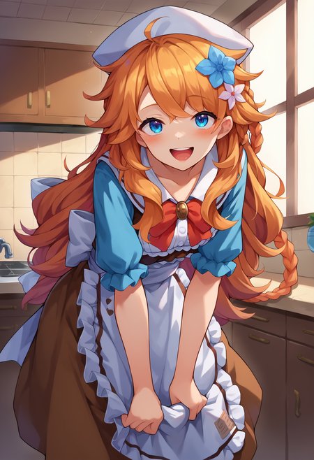 score_9, score_8, score_7_up, hd, (ultra hd quality details), source_anime, indoors,
solo, 1girl, gibarae,
gibarae, otgbedef, braid, hair flower, white headwear, blue shirt, frilled apron, white apron, brown skirt,
looking at viewer, blush, smile, open mouth, 
standing, leaning forward,
<lora:_otogibara_era-elesico-pony:1>