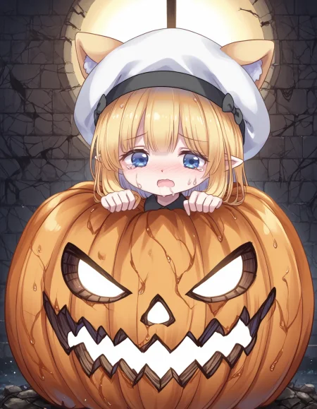 masterpiece, best quality, good quality, pri dream cure awesome top artist illustration, Noelle Cornel inside huge pumpkin, her body is transformation Jack-o'-lantern, pumpkin chibi orange pumpkin, noelle-default,blue eyes,blonde hair, (white pointy ears is white:1.1), white headwear, sad scared face, sweat on face, open mouth, hands to viewer, ruins background at night, Beautiful and cool female character with a strong expression. Dynamic lines and vibrant colors. atmospheric lighting, detailed textures. masterpiece, high-resolution, detailed textures, vivid colors, atmospheric lighting subtle ambient glow, global illumination, perfect anatomy, perfect female proportion, <lora:spo_sdxl_10ep_4k-data_lora_webui:1>, <lora:sdxl2-flat2-512b:-1>, <lora:noelle_v2.0_alice in cradle_epoch-000038:1>