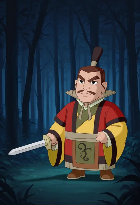 chibi, 1boy, holding sword, darkness, forest,
BREAK
zhouwang, mature male, thick eyebrows, short hair, brown hair, black eyes, mustache, soul patch,hair ornament, chin strap, topknot,
BREAK
chinese clothes, layered clothes, yellow robe, red overcoat, front cloth, high collar, long sleeves, wide sleeves, brown belt, brown footwear,
BREAK
best quality, masterpiece, very aesthetic, absurdres, highest detailed, very awa, <lora:King_Zhou_from_The_Legend_Of_Nezha_v1.0:1>