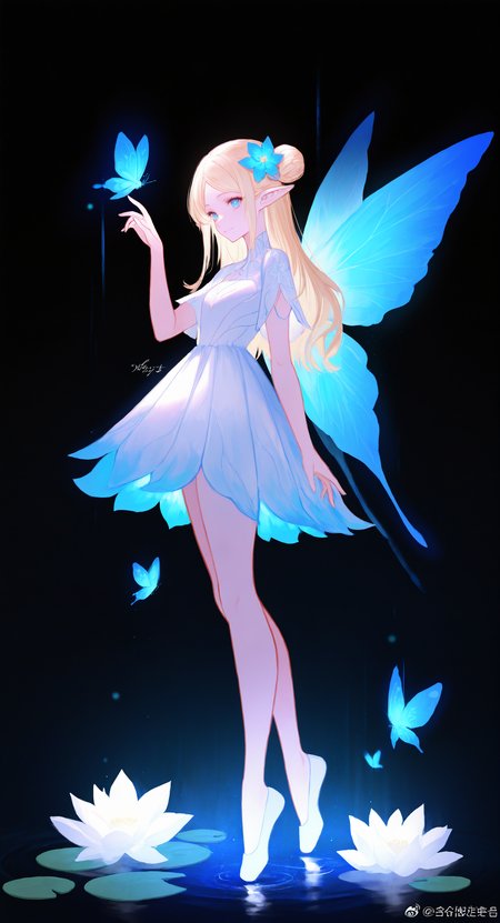 masterpiece, best quality, good quality, very aesthetic, absurdres, newest,1girl, solo, long_hair, looking_at_viewer, smile, blue_eyes, blonde_hair, hair_ornament, dress, closed_mouth, standing, full_body, white_hair, flower, short_sleeves, wings, pointy_ears, hand_up, hair_flower, white_dress, hair_bun, water, high_heels, parted_bangs, bare_legs, blue_dress, white_footwear, white_flower, single_hair_bun, black_background, bug, head_wings, butterfly, light_particles, blue_flower, fairy_wings, fairy, tiptoes, dark_background, ripples, insect_wings, blue_butterfly, butterfly_wings,  wing_hair_ornament, lily_pad,  lotus, butterfly_on_hand, ballet_slippers, glowing_butterfly <lora:ponyv5_noobV065S_1_adamW-000013:0.7> <lora:USNR_STYLE_XL_lokr:0.45> <lora:EtherSDXL:0.15>