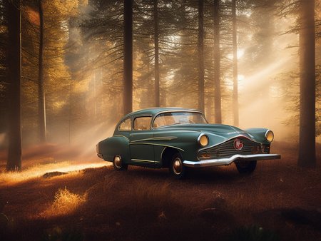 woods with oldtimer car, retrofutur5-400, carhelper, god rays, dust particles, volumetric lighting, 10mm, perfect composition, depth of field, sharp focus, centered, photohelper midjourney Style-Winter