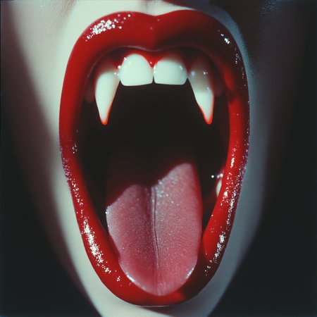 ArsMovieStill, movie still from a 1970s horror movie, The image is a close-up of a person's mouth showing their teeth and tongue. The mouth is open wide with the teeth slightly crooked and the tongue sticking out. The teeth appear to be sharp and pointed with a glossy red color. The person's lips are slightly parted and their tongue is slightly curled. The background is dark making the mouth and teeth the focal point of the image. The image is in black and white giving it a dramatic and eerie feel., teeth, open mouth, tongue, solo, realistic, close-up, sharp teeth, fangs, horror (theme), tongue out
