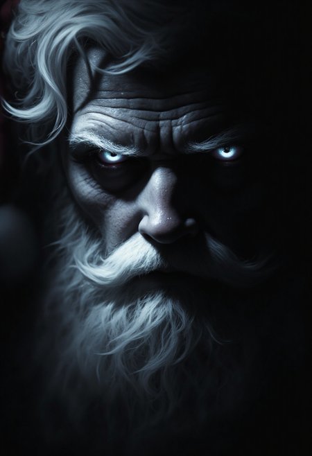 A santa claus in a dramatic, chiaroscuro-style. One side of his face is dimly lit while the other half is obscured in deep dark shadow. His expression is dark and mysterious with mystifying eyes seeming to hold untold secrets.