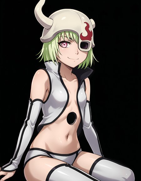 <lora:lilynette_gingerbuck :1>
lilynette_gingerbuck, short hair, green hair, pink eyes,
thighhighs, horned helmet, navel, detached sleeves, eyepatch,
sitting, smile, closed mouth