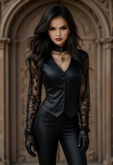 full body from the knees up, grunge style, stylish woman, (formidable heroine:1.3) , (gothic fantasy:1.25) , dark gothic beauty, ornate engravings, lace gloves, leather vest, ethereal glow, beauty, (punkrock shades:1.1), zaya, marrta, midjourney_whisper_avant_couture