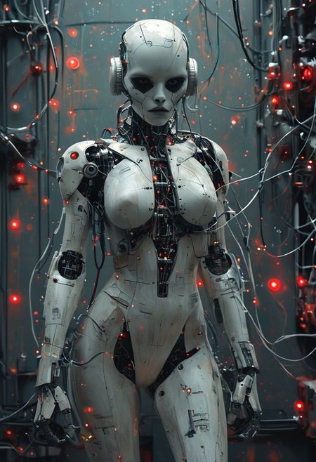 score_100.000, DARK StarWars themed Android Standing in Docking Station, stormTroopers, Sith Style, lightning Bolts, Xmultiplex, hkmecha, INSIDE Spaceship, Standing at Wall, Socket at Wall, wires conncected with Woman, score_9, score_8_up, hkstyle Gothic Android, Female wearing wired-cyborg armor Made from cables and technical parts, cyberpunk, Closeup, swimsuit, Action Shot, flying particles, scratched, photorealistic, Photo, masterpiece, high Quality, hyper detailed, volumetric lighting, fluffy, reelmech, mechanical parts, cable, wires, machinery, joints, Closeup Portrait, floating particles,