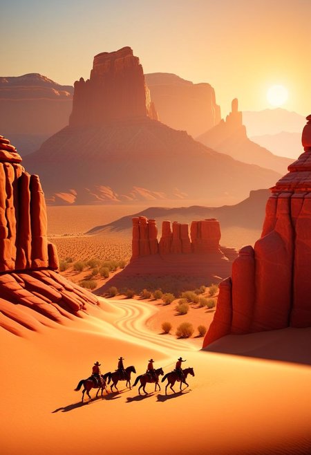 ispzxll, diorama, isometric, miniature, volumetric lighting style, intricate details, old west, americain frontier, wild west, cowboy era, desert, rocky mountains, red rocks, riding horseback, race, horse, fast, mountain view, dynamic frame, long shadows, golden hour, epic