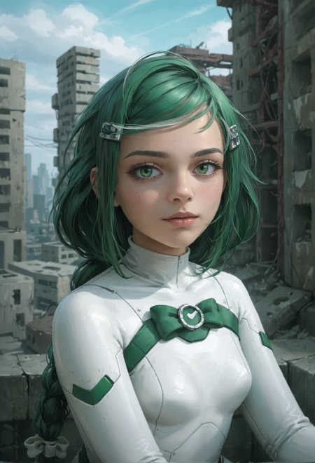 zPDXL2, (three quarter view:0.8), (hip focus:0.9), depth of field, highly detailed, ssta,
close shot, sber-chan, green hair, streaked hair, green eyes, single braid, white bow, long hair, (skin details:1.1),
looking at viewer, calm, sitting,
hairclip, (white plugsuit:1.2),
rooftop, scenic overlook, abandoned city, post-apocalypse, ruins, power lines,
<lora:add-detail-xl:1.5> <lora:Sber-chan:0.9>  <lora:ssta:0.9>