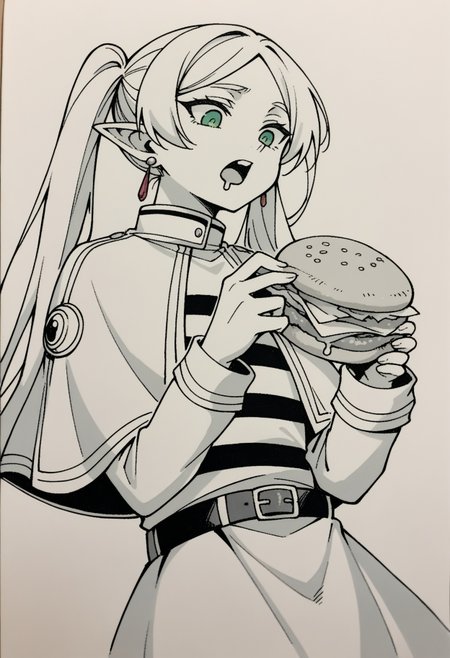 score_9, score_8_up,score_7_up, source_ anime, 1girl, simple background,traditional art,lineart, <lora:ChamFrierenPonyXL:0.7> FrierenBase, green eyes, white hair, long hair, twintails, earrings, white capelet, striped shirt, long sleeves, belt, white skirt, black pantyhose, eating burger, looking down, drooling, open mouth, monochrome,
<lora:Traditional_art_v4_USENEG:-1>