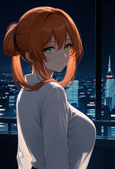 1girl, solo, highres, springmain, green eyes, auburn hair, ponytail, hair rings, bangs, 
dark, night, night sky, cityscape, neon lights, backlighting, silhouette,