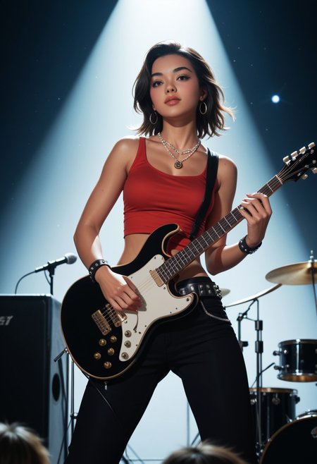 score_9, score_8_up, score_7_up, score_6_up, score_5_up, score_4_up, A young woman, likely in her late teens or early twenties, with dark hair and a medium complexion, is positioned on a stage, playing an electric guitar. She is centered in the image but slightly to the left of the frame.  She's facing the viewer, her expression focused and intense as she plays.  She is wearing a sleeveless, vibrant red top, black pants or skirt, and a studded belt.  A bandana or wristband is visible around her wrist.  She is wearing jewelry including a layered necklace with a pendant.  Her body is slender and athletic. The setting is a rock concert, with other musicians playing instruments (drums and a guitarist) in the background.  The stage is lit by bright stage lights, creating a dynamic atmosphere.  The image has a 1970s-1980s rock concert vibe, with muted tones of light red, black, white, and gray dominating the colors. The perspective is from slightly in front of and slightly above the woman, with a focus on her playing the guitar. The overall style is a snapshot of a concert performance with a clear emphasis on the musical artist.