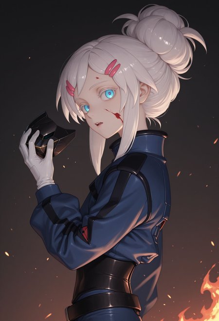 masterpiece,best quality,absurdres,highres,very aesthetic,high quality,detailed,insanely detailed,beautiful,  solo
white eyelash, expressionless,  from side, head tilt, blood on face, open mouth, full teeth
 <lora:Deux illu:1>, 1girl,, hairclip, holding mask, white hair, single hair bun, fire, white gloves, science fiction, hair ornament, blue eyes, embers, looking at viewer, blue jacket, unworn mask, mobile suit, v-fin, glowing, belt, pilot suit