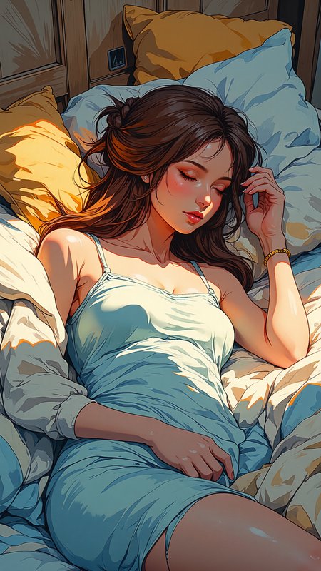 High-resolution semi-realistic anime-style illustration, soft painterly shading, a woman sleeping on a plush bed, tangled in silky light blue and striped sheets as the morning light casts a warm glow across her skin. Her long, chestnut-brown hair is styled into loose, messy twin braids, strands slipping free onto the pillow, her soft lips slightly parted, her expression peaceful yet subtly enticing. She is naked with exposed breasts. One hand rests lightly on the fluffy multicolored pillows, the other draped over her waist, while the gentle rise and fall of her breathing creates faint ripples in the sheets. Painterly warm neutrals, soft pastels, and diffused golden highlights, creating a serene yet sensual atmosphere <lora:flux-sm41l33-comic-v1:1.0> <lora:PinkieSoftcoreAnimeFLUX:0.8> <lora:Anime_v1.3:0.8>