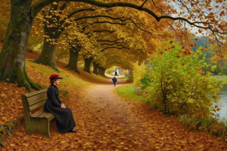hansandersenbrendekilde1 painting. 
A pathway lined with trees in autumn foliage. Fallen leaves cover the ground. A woman in a dark dress and red hat sits on a wooden bench on the left, looking ahead. Two figures walk along the path in the background near a small house. <lora:hansandersenbrendekilde1_cap_d8a4e11:1.0><lora:855168136108894000:0>