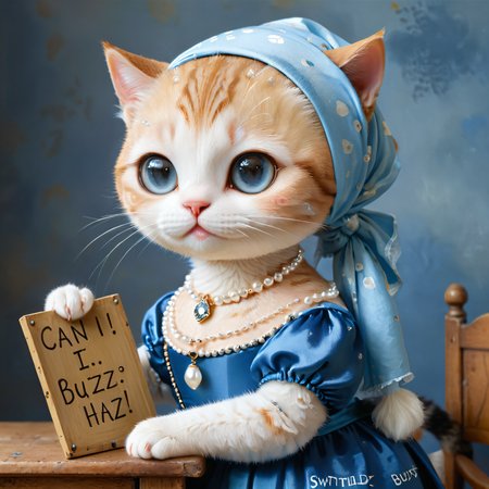 an anthropomorphic cat in the style of Johannes Vermeer, side view, head turned to the side, wearing a pearl necklace, blue headscarf, blue dress,holding sign that reads "CAN I HAZ BUZZ?"  <lora:add-detail-xl:1>  <lora:SDXL_Sweet_Overload:0.7> pam-swtvrld  <lora:xl_more_art-full_v1:0.5>