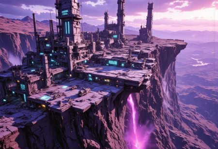 OBxiaoxiang, CAICO, inksketch purple and gray theme, Abstract digital painting in the style of ck-js, detailed photorealistic image, a sci-fi Miningstation of colossal buildings and towers in a barren lavender lush landscape, looking like an Mining Outpost perched at the Cliff, a smelter attached to the structures, of a volcanic cliff, its sleek towers a stark contrast to the cliffs surrounding it. The planet’s sun casts a vivid, cyan surreal light across the station, while deep fissures reveal glowing rivers of molten pink lava far below. The sky is a surreal shade of black and purple, dark glowing diodes and lights ((dark glowing diodes, lights and neon signs), Firestorm Inc. written on the neon signs), attached to the building is a landing field with 3  Spaceships landed on it, Dragonkin like creatures are around fixing some spaceships, two moons hanging low in the horizon, each reflecting light off the surface, large depth of field. The sky is a dark pink, with 2 broken moons hanging low in the horizon <lora:more_details>
realistic, detailed background, shaded, detailed, hi res, realistic, photography \(artwork\), (by kenket), by ross tran, by michael & inessa garmash, by pino daeni, by isvoc, by kiguri, by alena aenami, by ruan jia, (by zenthetiger, by wolfy-nail), by Enki Bilal, by drmax, photorealism, <lora:add_detail:1.3