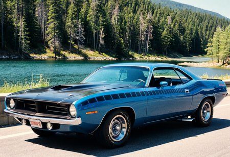 ClassicMuscleCar, blue Plymouth Barracuda, side view, sunny, road, mountains, lakeside, pine trees, 4K, highly detailed, (stylish grainy analog 35mm film photo)