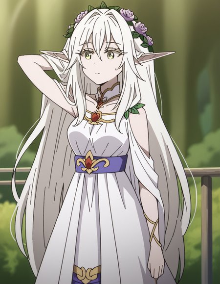 score_9, score_8_up, score_7_up, source_anime, <lora:forest-princess-s2-ponyxl-lora-nochekaiser:1>, forest princess, long hair, hair ornament, hair between eyes, yellow eyes, white hair, flowers, pointy ears, hair flower, rose, hair intakes, elf, medium breasts,, dress, collarbone, white dress,, bus stop, waiting, commuter, smartphone, checking time, cold morning, , , hand behind head, , solo,, cowboy shot, dutch angle