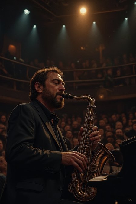 illustration, cartoon, anime, manga, drawing, A jazz musician in a sharp suit plays a saxophone on a dimly lit stage, his eyes closed as he loses himself in the music. The smoky room is filled with the soft murmur of the audience, entranced by the soulful melody. His fingers dance across the keys with effortless grace