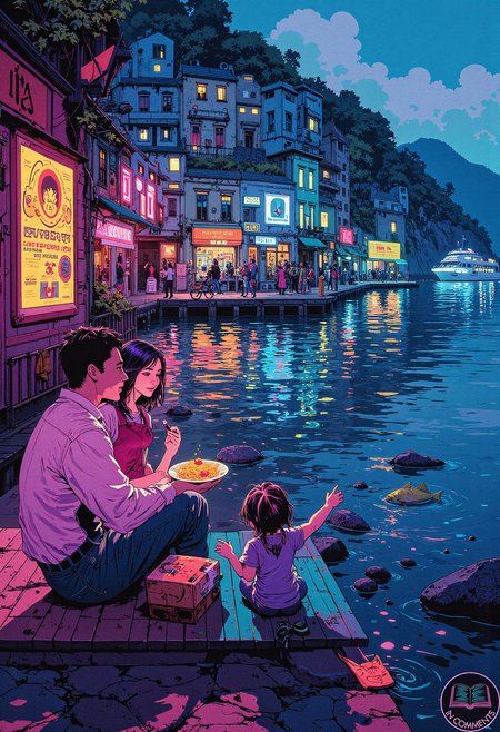A digital illustration of a family of three sitting on a dockside bench in a cyberpunk fishing village inspired by the Italian coastline of Cinque Terre. The parents are sharing a futuristic gelato served in a glowing, levitating dish, while their young daughter, with bioluminescent streaks in her hair, plays with a small robotic fish by the water's edge. Behind them, vibrant neon shopfronts display holographic advertisements for artisanal seafood and cyber-enhanced diving gear, their reflections shimmering in the ocean. A distant ferry equipped with glowing thrusters hums quietly as it approaches the harbor. The mood is serene and playful, blending natural beauty with the vivid, high-tech charm of the cyberpunk aesthetic.
