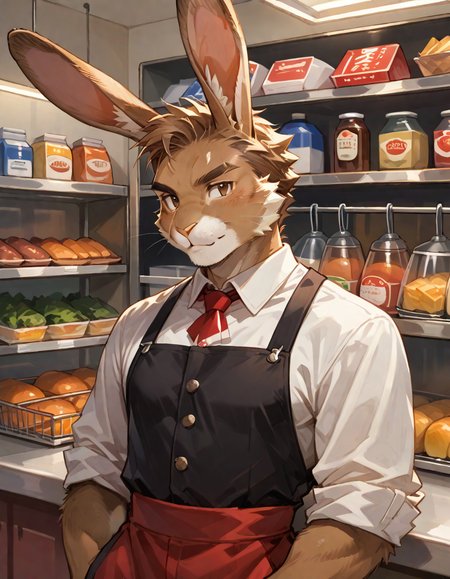 score_9, score_8_up, score_7_up, source_anime, (rabbit man), furry body, brown fur, (dressed in as a cashier in a supermarket),  character portrait, upper body, rating_safe, <lora:Anime_Furry_Style:0.6>