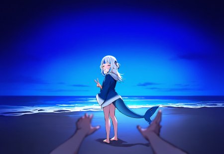 masterpiece, best quality,

gawr gura, wide shot, ocean, from behind, shark tail, barefoot, v, looking back, closed eyes, grin, night, tears, pov hands, tearing up, water, beach, sand, night sky, standing, 