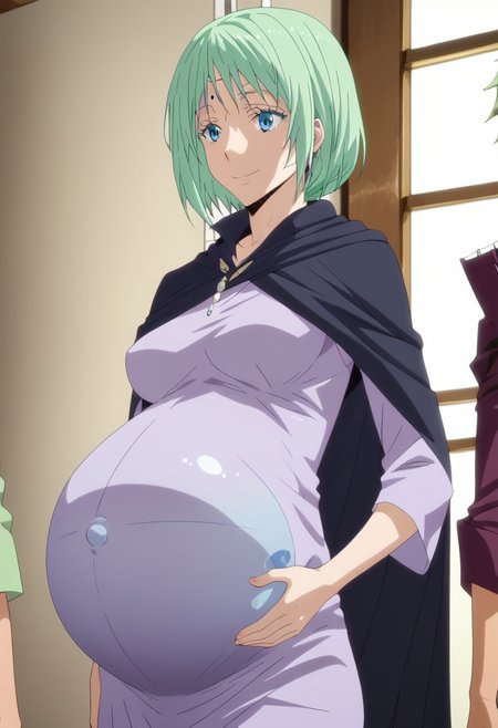 score_9, score_8, score_7,
bedroom,  
happy, smile, hands on belly,
(large pregnant belly:1.5), (round belly:1.5), (pregnant bump:1.5) 
slimes_mjur, mjurran,green hair,short hair,shiny hair,circlet,
purple dress, cloak,robe,
(covered belly:1.5), (pregnancy clothes:1.5)
(cowboy shoot:2.5),
<lora:Slime:1>