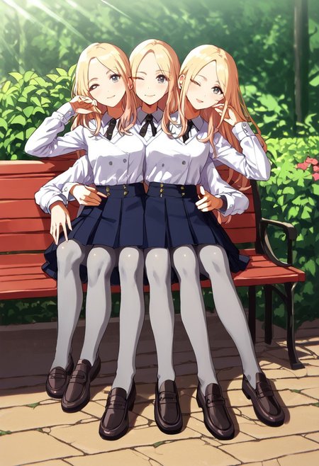 ((1girl)), ((8arms, three heads, six legs, trileg)),  score_9, score_8_up, score_7_up, score_6_up, score_5_up, score_4_up, shiny skin, leg focus, (from side), juosena, (( grey pantyhose))), loafers, fully clothed, casual, sitting on bench, slender legs,  ((one eye closed)), looking at viewer, outdoors, garden, [shadows], light rays, Expressiveh
