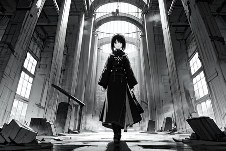 highly insanely detailed, masterpiece, top quality, best quality, highres, 4k, 8k, RAW photo, (very aesthetic, beautiful and aesthetic),  
tsutomu nihei,nihei_tsutomu,blame!,blame gakuen!,abara,TNstyle,sidonia_no_kishi,(tunnel,city ruins,stairs,mausoleum,tower,megastructure in background),drainpipe,air conditioner,lantern,smoke,steam,fog,mist, 
<lora:ABARA:0.3>, 
(1girl:1.3), 
solo focus, 
art nouveau architecture,âââ