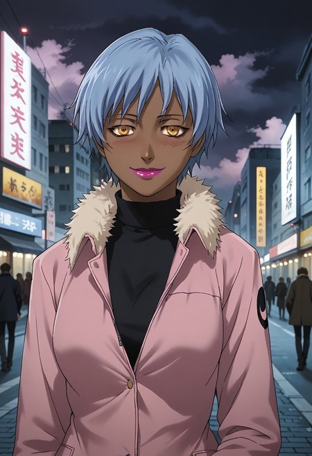 source_anime, D4RK3RTH4NBL4CK, DTB_Style, (XXX Rating), ((score_9)),score_8_up,score_7_up,score_6_up,score_5_up,score_4_up, retro_artstyle, anime style, 1woman, (dark-skinned_female:1.5), solo, solo focus, (april_(darker_than_black):1.3), (short hair), (blue hair), yellow eyes, sunglasses, pink lips, large breasts, (pink coat, winter_coat, fur_trim), Blush, Full-Faced Blush, (long_sleeves), (smile), red face, steam, looking at viewer, facing viewer, masterpiece, best quality, highres, best illumination, depth of field, Artist style:komori_takahiro, public indecency, urban, cloudy, night, cityscape background,  outdoors,