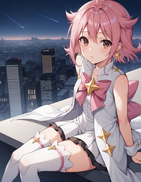 score_9, score_8_up, score_7_up, source_anime, rating_safe, BREAK <lora:subaru_XL-Pony_LoRA-C3Lier_32-32-16-16_AdamW_Un3e-4_Te1.5e-4_10batch:1>, subaru \(houkago no pleiades\), 1girl, magical girl, pink hair, short hair, hair flaps, brown eyes, star hair ornament, earrings, sleeveless coat, white coat, white dress, pink bow, jewelry, star \(symbol\), white skirt, frills, wrist cuffs, ribbon-trimmed thighhighs, floating hair, sitting, rooftop, sad, looking at viewer, looking up, from above, cityscape, city lights, skyscraper, skyline, night, night sky, horizon