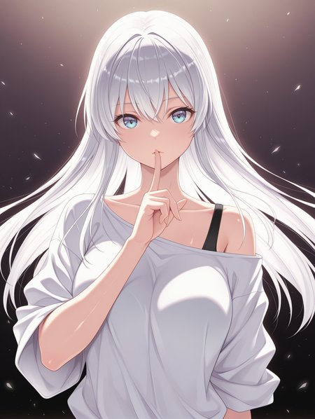 edelweiss, 1girl, solo, collarbone, white off-shoulder shirt, upper body, standing, black bra strap, looking at viewer, floating hair, finger to mouth, shiny hair, white hair, valkyrie,
masterpiece,best quality,amazing quality,very aesthetic,absurdres,newest,<lora:Edelweiss illuXL v1:0.75>,
