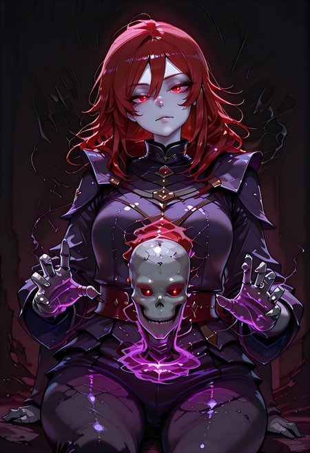 masterpiece, best quality, highres, absurdres, amazing quality, high resolution, 
Red Eyes, Red Hair, pale skin
from below, expressionless, , sitting, head tilt, dutch angle, <lora:chill_touch_Test:0.8>chill_touch-(magic), outstretched handskeletal disembodied hand, purple blue magic, solo, claws, cowboy shot , glowing eyes, dimmed, dark background, simple background,