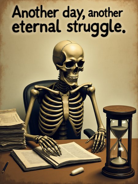(the words "Another day, another eternal struggle" in faded black across the top:2.0), a skeleton sitting at a desk with piles of paperwork and an hourglass running out of time, text focus, <lora:Text_Logo_-_Style:1>
