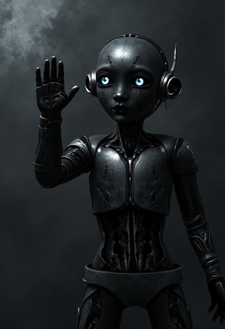 A photo of a beautiful metal robot waving to the camera with thick black smoke in the background