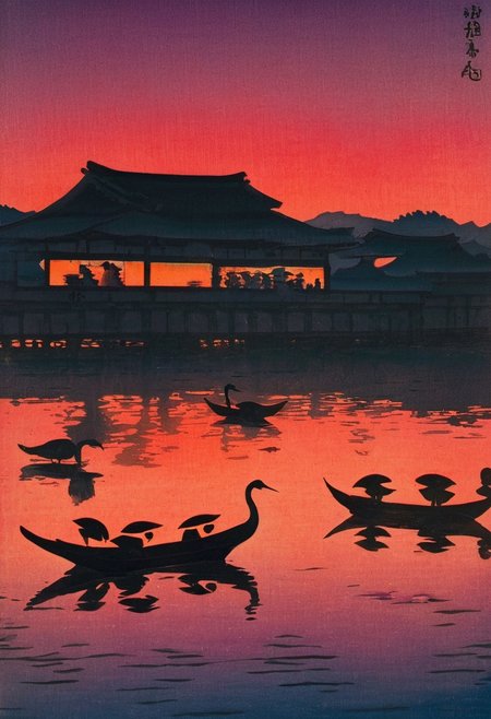Sunset Over Shinobazu Pond, crimson sky reflecting off deep indigo waters, with silhouettes of herons and lantern-lit boats.