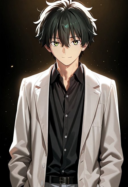((masterpiece, best quality, amazing quality, very aesthetic, absurdres)), 
Takeuchi takashi, ((solo)), ((detailed eyes)), calm, smile, closed mouth, 1boy, solo, peaceful, closed mouth,(((oreki_houtarou))), (((black hair, black hair, yellow eyes))), ((short hair, hair between eyes)), ((white labcoat, open labcoat, black shirt, collared shirt, black slacks))), no background, dark background, cowboy shot, dark background, portrait, looking at viewer