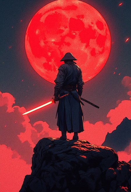 a samurai standing on a rocky cliff. He has his back turned to the viewer, and in the background you can see a huge red moon disk illuminating the stage. The samurai is dressed in traditional clothing, holding a katana with a bright glowing red blade in one hand. Clouds stretch around him, and in the distance you can see the dark silhouette of a mountain. An epic and dramatic atmosphere.