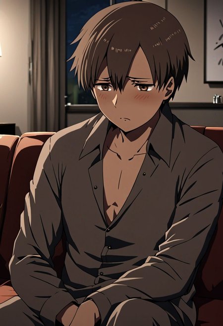 high resolution, solo, best quality, 1Boy, Takaki Toono, Brownish Hair, Brown Eyes, deep talk, depression, sit, couch, OverallDetail