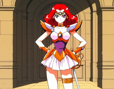 general,highres, ultra-detailed,very aesthetic,best quality ,best hands,  BREAK <lora:Scarlett_ohara_IS:1> Scarlett_ohara, 1girl,solo, red hair, long hair, purple eyes, breasts, 1990s (style), anime coloring, 
 choker, armor, 1990s (style), skirt, hand on hip, smile, tiara, jewelry, magical girl, thighlet, white skirt, miniskirt, thigh strap, armored dress, bracer, shoulder armor, blue eyes, looking at viewer, short hair, pauldrons, cowboy shot,
hold, sword, rapier, serious face, fighting pause,
day, say,