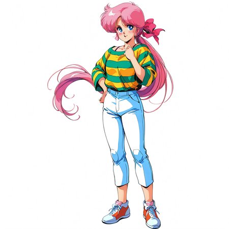 [generated by waiNSFW_v120:100]
anime coloring,  4K, BREAK
<lora:elaine-IL_v1:1>elaine, 1girl, bangs, solo, 1980s(style), retro art style,
purple pink hair, low ponytail, very long hair, pink hair ribbon, BREAK
blue eyes,  BREAK
striped shirts,  white capri pants,
shoes,
blush
standing,
no background, white background,
beautiful face, best quality,
