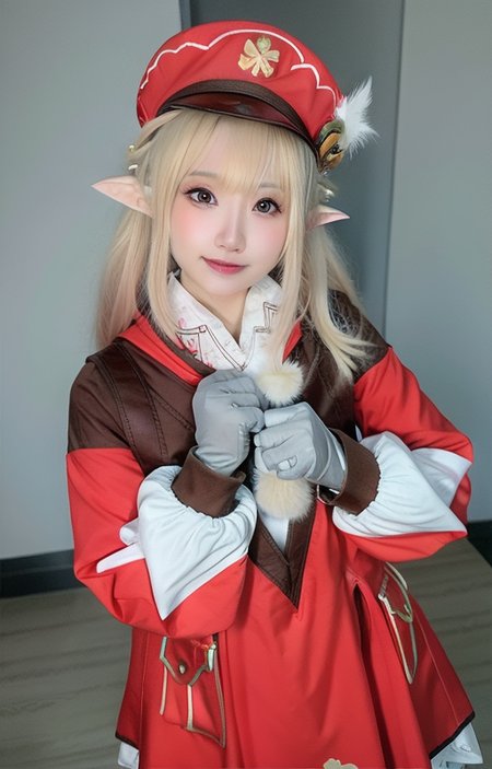masterpiece, best quality,  (photo realistic:1.35),(ulzzang-6500:0.65), pointy_ears, hat, blurry_background, solo, blurry, 1girl, blonde_hair, hat_feather, elf, photo_\(medium\), gloves, klee_\(genshin_impact\), backpack, realistic, bag, depth_of_field, red_headwear