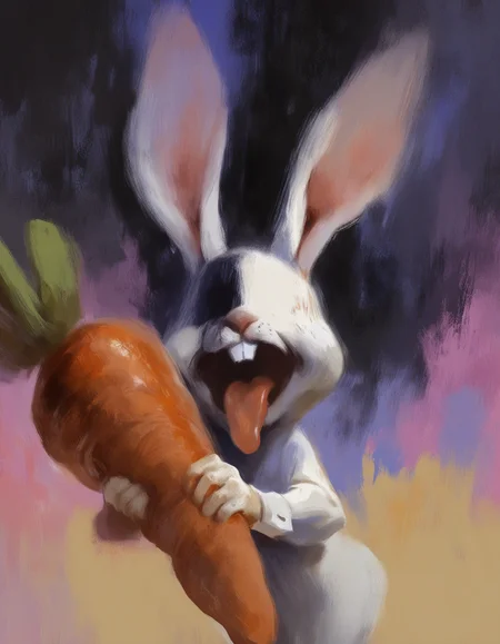 painting \(medium\), painterly,
bunny rabbit, rabbit ears, no eyes, no humans, furry, holding huge carrot, cartoon, shaded face, shadow, open mouth, tongue out, buckteeth, 
faux traditional media, multicolored background, 
style of disco elysium <lora:DiscoElysium NoobAI v-pred:0.8>