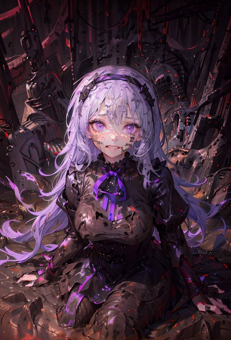 ((((((((covered in mud)))))))),(((((mud))))),(((((dirty))))),(((((messy))))), (((((dirty face))))), (((torn clothes))),((masterpiece)), ((best quality)), ((ultra-detailed)), ((illustration)), Amazing, beautiful detailed eyes, finely detail, (((purple  
 gothic fashion frilled dress))), (((light purple long hair))),(purple eyes), hairband, long sleeves, neck ribbon, puffy sleeves, skirt pleats, dress bow, Medium breasts<lora:vividWatercolorsLora_10:1> <lora:partiallySubmergedInto_partiallySubmerged641:1>
