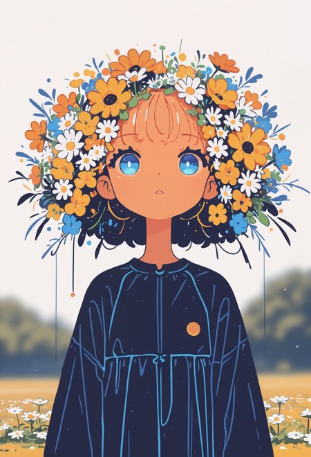 masterpiece, best quality, newest, highres, absurdres,focused subject,no lineart, no outline, solo, looking at viewer, blue eyes, flower, parted lips, no humans, depth of field, blurry background, white flower, daisy, eye focus, fine art parody,cowboy shot,dutch angle,scenery, in the style of cksc,flatline, 15546+456868