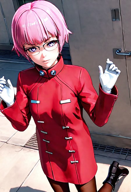 <lora:sdxl_lightning_8step_lora:1> <lora:Fixhands_anime_bdsqlsz_V1:1>score_9, score_8_up, score_7_up, source_anime, intricate details, perfect anatomy BREAK
1girl, solo, gis-esakipurin, pink hair, short hair, purple eyes, black-framed eyewear, red coat, white gloves, gis-esakipurin outfit, brown pantyhose, black boots,
dutch angle, hands up, Skeptical, Raised eyebrows and a slightly pursed mouth., outdoors, 
<lora:gis-esakipurin_XL(pony)fix:0.9>