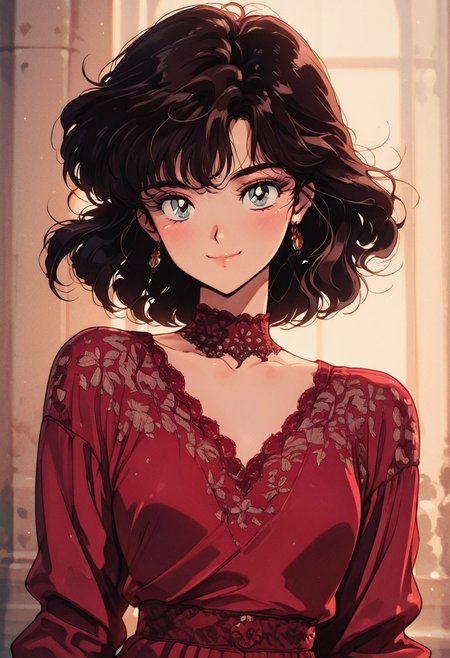 masterpiece,best quality,amazing quality, A close-up of a young woman with striking eyes, flawless skin, and a subtle smile, wearing a chic red dress with intricate lace details, soft lighting, and a warm, natural background, pinkretroanime, retro art