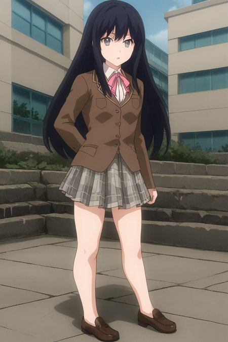 1girl, solo, alone, ayamenb, black hair, long hair, black eyes, brown blazer, white shirt, pink ribbon, neck ribbon, grey skirt, plaid skirt, footwear, brown loafers, school uniform, outdoors, school, campus, standing, full body, parted lips, looking at viewer