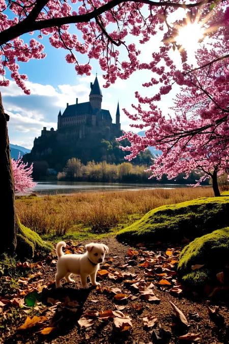 beautiful fantasy landscape photography, photo, Sigma 16 mm f/5.6, ((very detailed)), sharp focus, small rock, beach, fallen leaves, puppy, field, bush floor, reflections, (castle), pond, medieval forest, ((village)), stunning nature aquatic environment , medieval land, (bright sunny sky), (high contrast), cinematic (lights), backlight, (shadows), lens flare, vibrant colors, colorful, (Cherry Blossom Pink flowers) and leaves, (lovely), (beautiful), <lora:no-blur:1 <lora:aidmaHyperrealismv0.3:0.8> aidmaHyperrealism